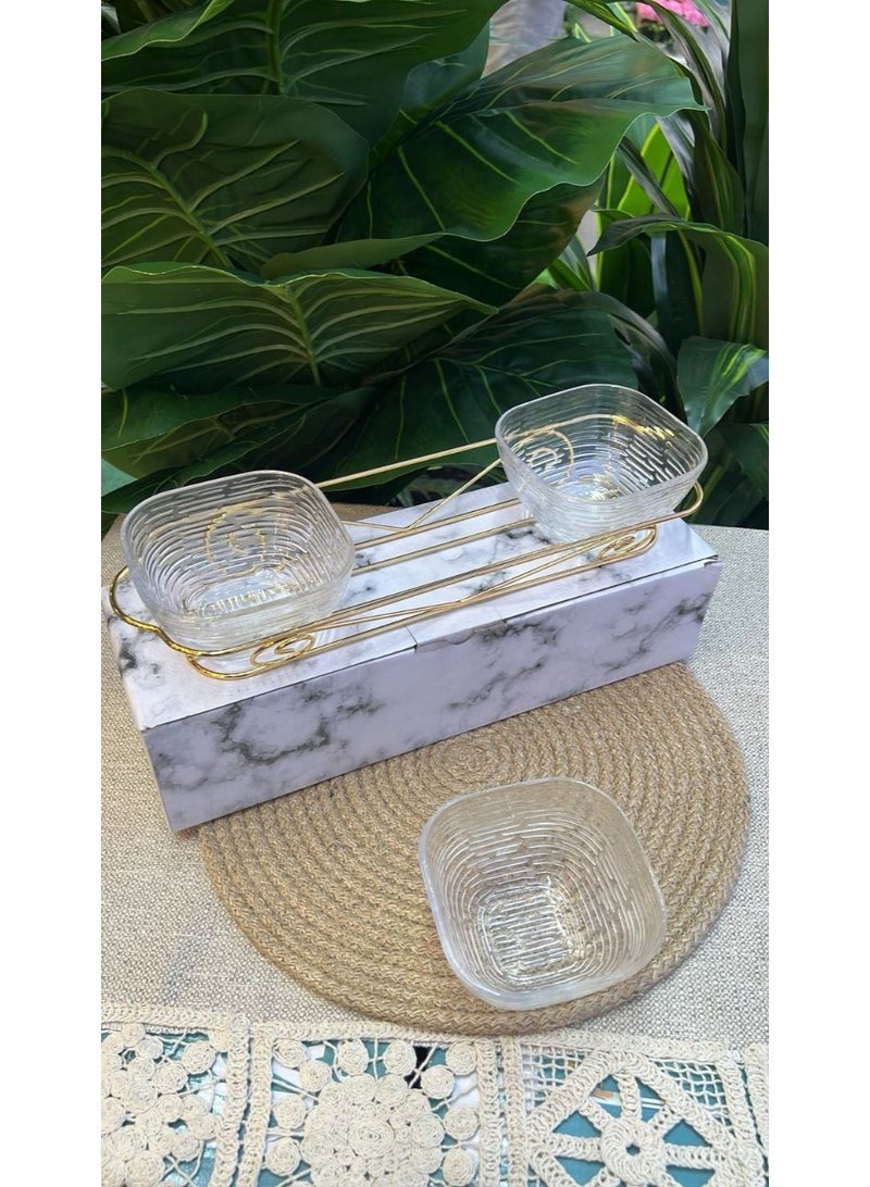 طقم تقديم تسالي شيك جدًا 3 قطع زجاج على استاند معدن جولد - Image 1