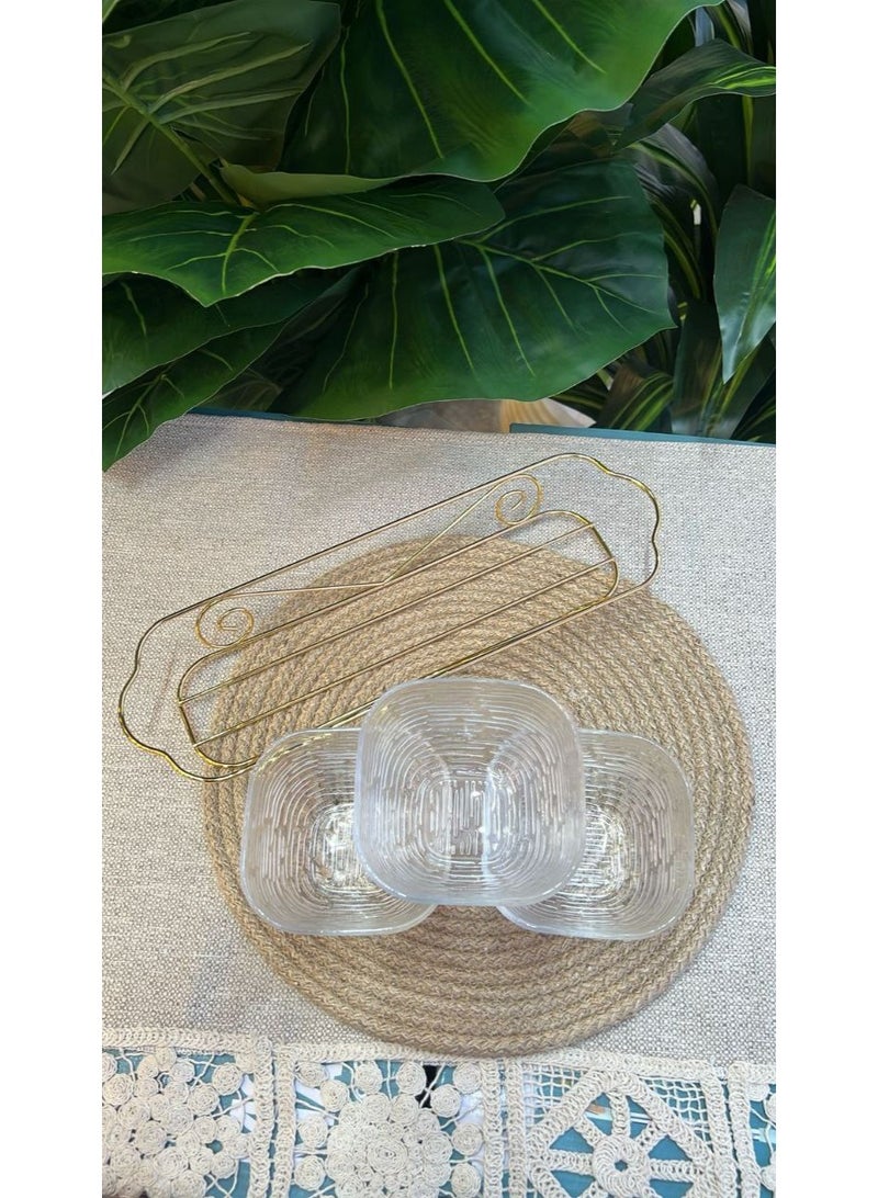 طقم تقديم تسالي شيك جدًا 3 قطع زجاج على استاند معدن جولد - Image 3