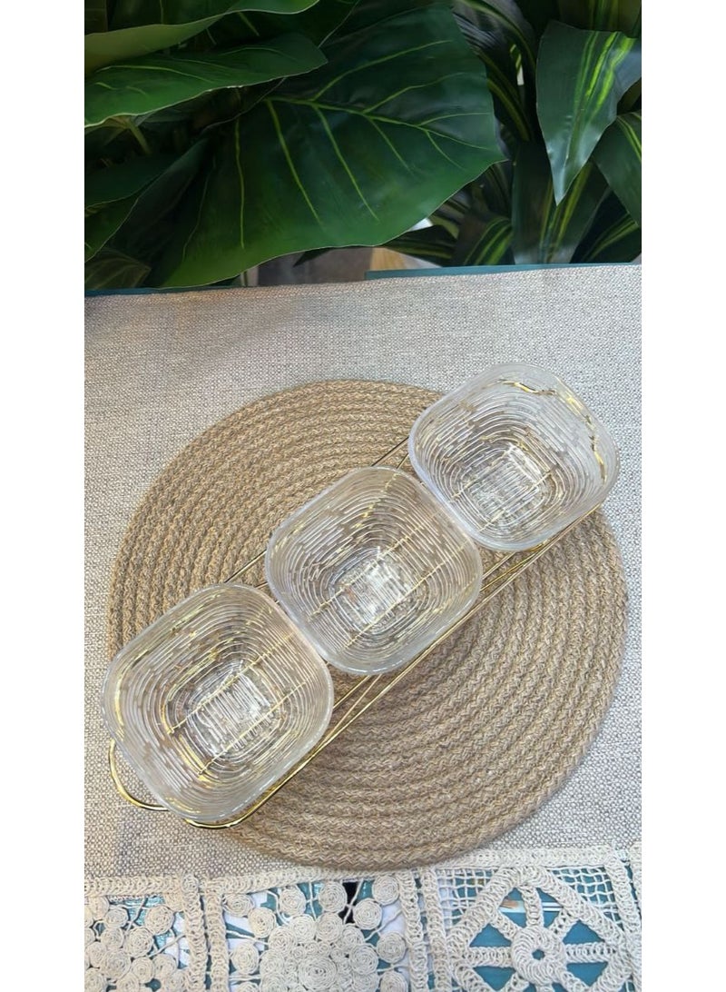 طقم تقديم تسالي شيك جدًا 3 قطع زجاج على استاند معدن جولد - Image 4