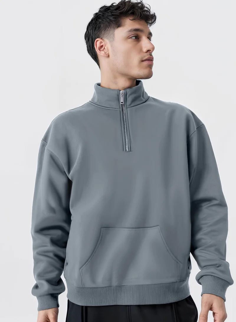 Maniac Maniac Mens Solid High Neck Full Sleeve Light Grey Cotton Fleece Sweatshirt