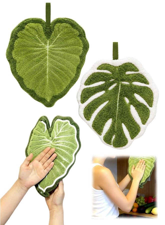 2 Pack Green Hand Towels for Kitchen and Bathroom Use, Decorative Leaf Towels for Daily Dish Drying and Moisture Control, Soft Absorbent Lint Free Fingertip Cleaning Towel - Image 1