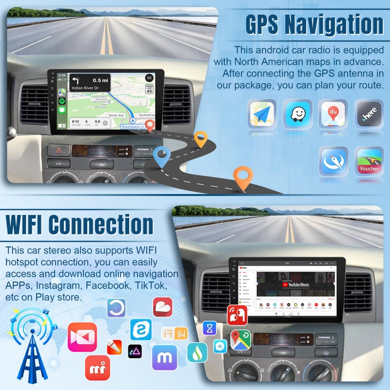 Naifay Android 12 Car Stereo for Toyota Corolla 2003 2004 2005 2006 2007 2008(Non-J.B.L Version), 9inch Touch Screen for Corolla Car Radio with Carplay Android Auto Bluetooth WiFi GPS Camera+MIC - Image 4