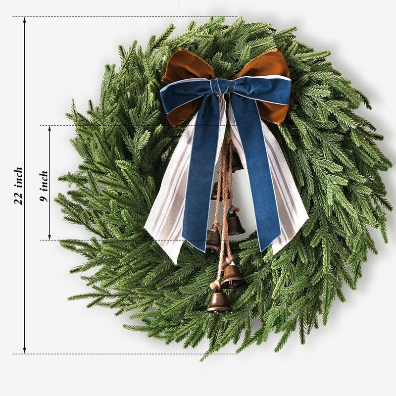 Zesua Christmas Decorations - 22 Inch Norfolk Pine Christmas Wreath with Bells and Ribbon - Artificial Pine Greenery Winter Wreath for Home Table Wall Window Porch Door Indoor Outdoor Decor - Image 2