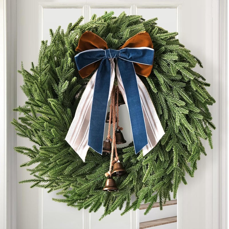 Zesua Christmas Decorations - 22 Inch Norfolk Pine Christmas Wreath with Bells and Ribbon - Artificial Pine Greenery Winter Wreath for Home Table Wall Window Porch Door Indoor Outdoor Decor - Image 1