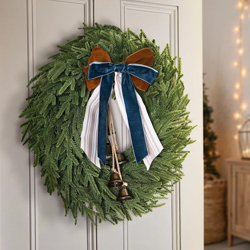 Zesua Christmas Decorations - 22 Inch Norfolk Pine Christmas Wreath with Bells and Ribbon - Artificial Pine Greenery Winter Wreath for Home Table Wall Window Porch Door Indoor Outdoor Decor - Image 4