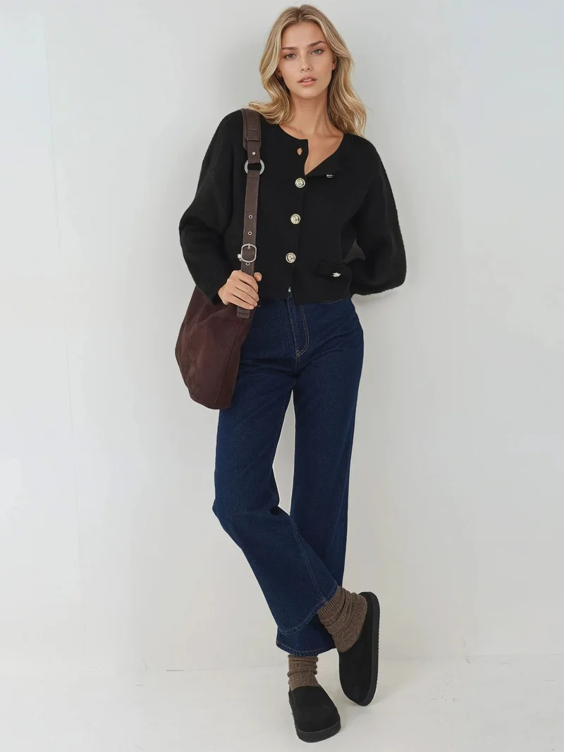 MY FASHION Black MY FASHION Textured Ribbed Knitwear Cardigan with Button Closure for Women | Best Price UAE