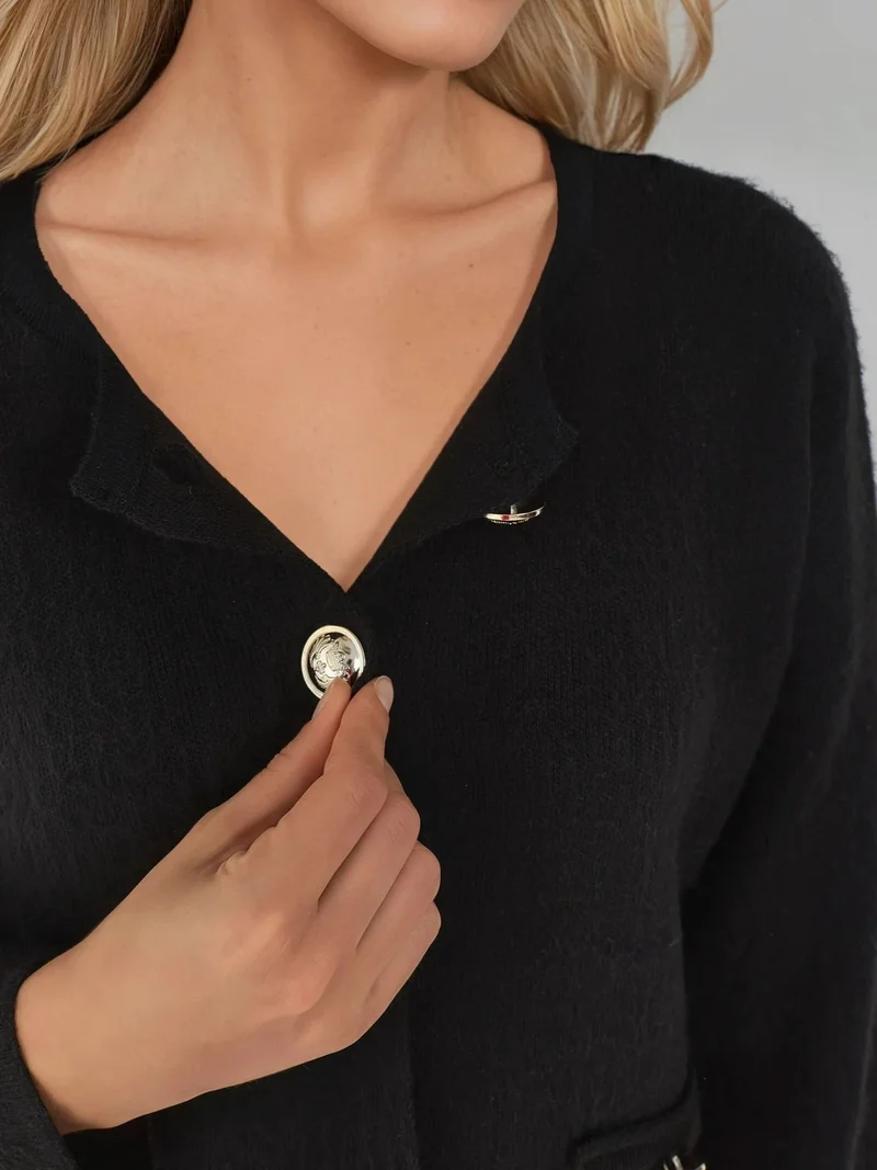 MY FASHION Black MY FASHION Textured Ribbed Knitwear Cardigan with Button Closure for Women | Best Price UAE