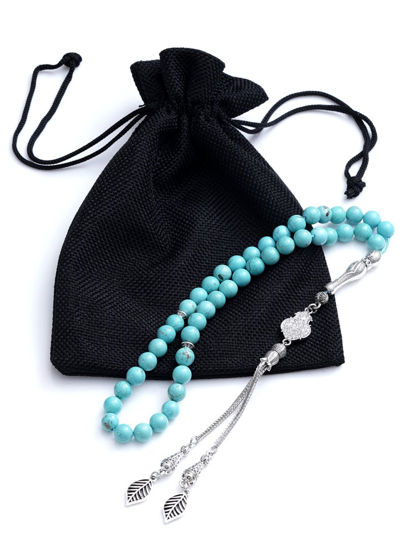 Subhati Prayer Beads (Misbah) with metal Parts and Turquoise Stone | 8 MM Beads - 45 Pcs |Gandeel Writing 6  - Image 2