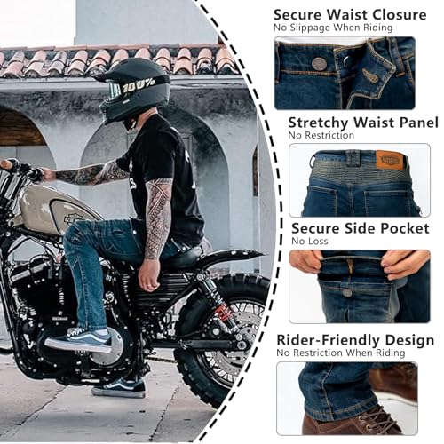 LOMENG Motorcycle Riding Pants Motorbike Motocross Cycling Jeans Safety CE Knee Hip Removable Armored All Seasons for Men Blue 36 - Image 4