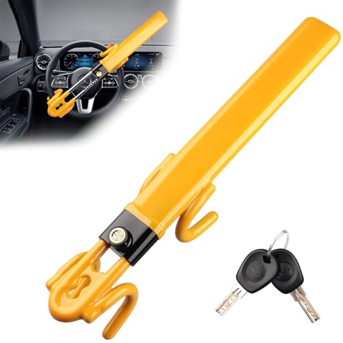 NOEAIKE Steering Wheel Lock,Heavy Duty Anti-Theft Car Device with Double Hooks Design for Enhanced Vehicle Protection,Adjustable Length Locking with 2 Keys Universal Fit (Yellow) - Image 1