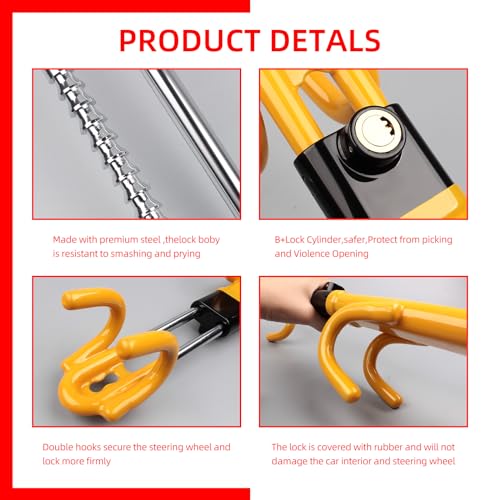 NOEAIKE Steering Wheel Lock,Heavy Duty Anti-Theft Car Device with Double Hooks Design for Enhanced Vehicle Protection,Adjustable Length Locking with 2 Keys Universal Fit (Yellow) - Image 4