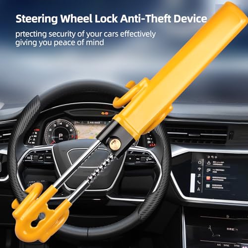 NOEAIKE Steering Wheel Lock,Heavy Duty Anti-Theft Car Device with Double Hooks Design for Enhanced Vehicle Protection,Adjustable Length Locking with 2 Keys Universal Fit (Yellow) - Image 2
