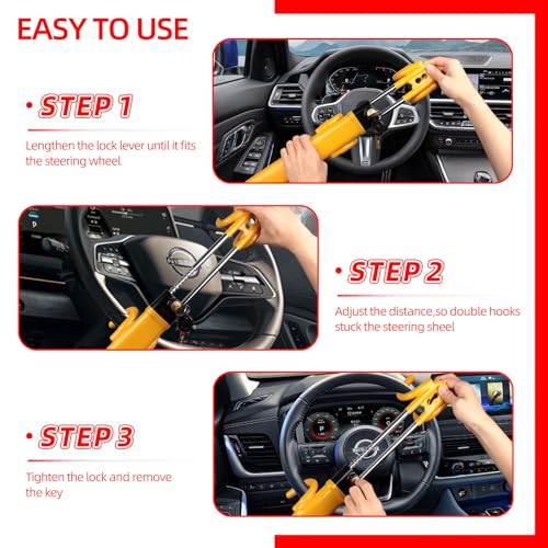 NOEAIKE Steering Wheel Lock,Heavy Duty Anti-Theft Car Device with Double Hooks Design for Enhanced Vehicle Protection,Adjustable Length Locking with 2 Keys Universal Fit (Yellow) - Image 5