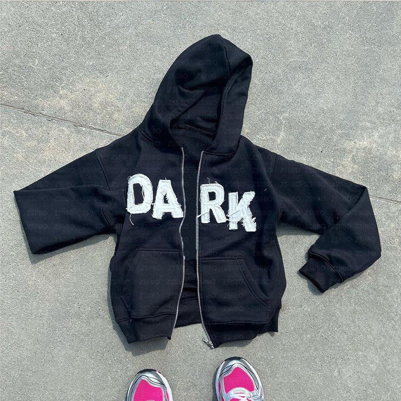 Autumn Winter Unisex Hoodie Zip-Up Letter Patch Sweatshirt black pants - Image 2