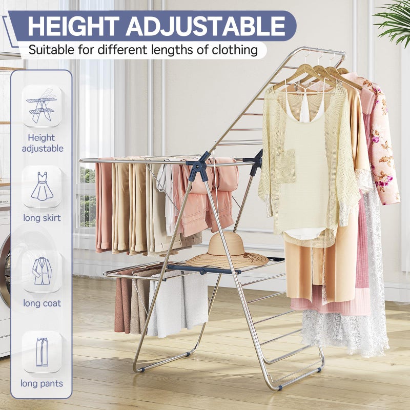 APEXCHASER Clothes Drying Rack with 4 Wings, Stainless Steel Drying Rack Clothing with Height-Adjustable, Foldable Gullwings Laundry Drying Rack, Indoor Outdoor Use, No Assembly, Regular Blue - Image 3