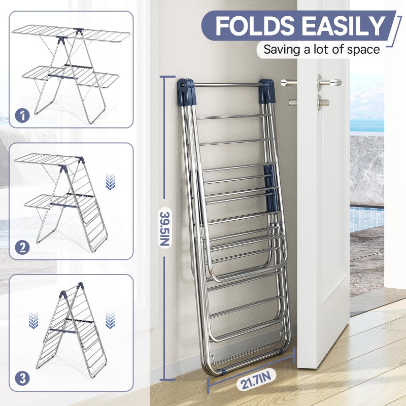 APEXCHASER Clothes Drying Rack with 4 Wings, Stainless Steel Drying Rack Clothing with Height-Adjustable, Foldable Gullwings Laundry Drying Rack, Indoor Outdoor Use, No Assembly, Regular Blue - Image 5