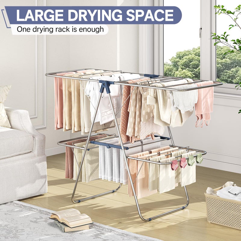 APEXCHASER Clothes Drying Rack with 4 Wings, Stainless Steel Drying Rack Clothing with Height-Adjustable, Foldable Gullwings Laundry Drying Rack, Indoor Outdoor Use, No Assembly, Regular Blue - Image 2
