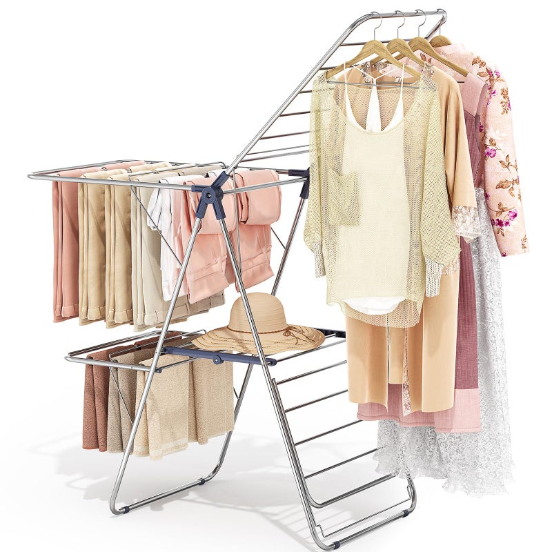 APEXCHASER Clothes Drying Rack with 4 Wings, Stainless Steel Drying Rack Clothing with Height-Adjustable, Foldable Gullwings Laundry Drying Rack, Indoor Outdoor Use, No Assembly, Regular Blue - Image 1