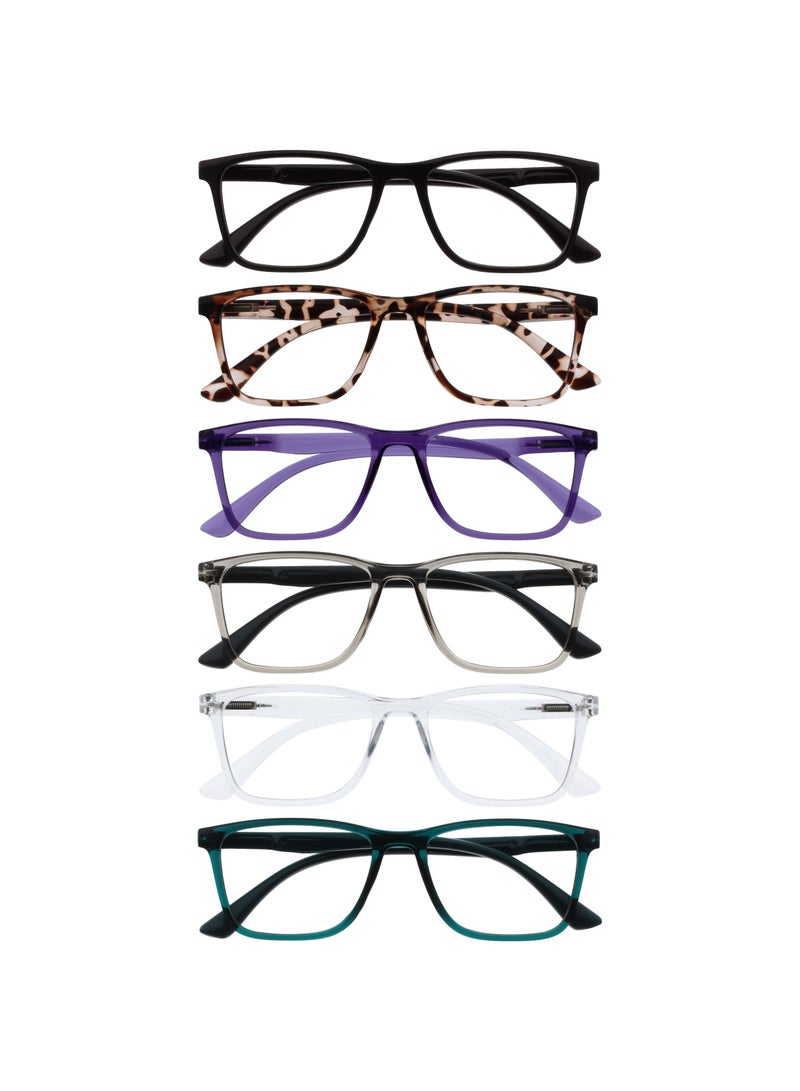 OPULIZE NYX Reading Glasses with Blue Light Blocking for Women Men, Rectangular Frame with UV & Eyestrain Protection, Anti-Glare Glasses, Black Brown Purple Grey Clear Turquoise +1.5 (Pack of 6) - Image 1
