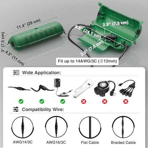 Flemoon Outdoor Extension Cord Safety Cover with Large Housing and IP44 Waterproof Seal, Weatherproof Electrical Box for Outdoor Plugs and Power Cable Connections, Green - Image 2