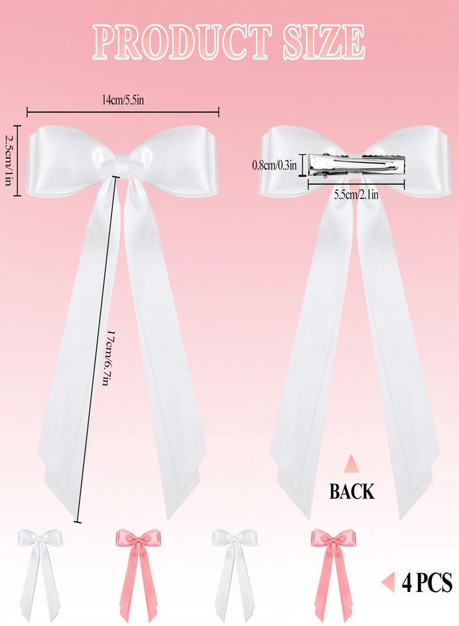 vivinin 4pcs Solid Silky Satin Hair Accessories: Bows with Long Tails, Daily Wear Clips for Women and Girls, White and Black Gifts - Image 2