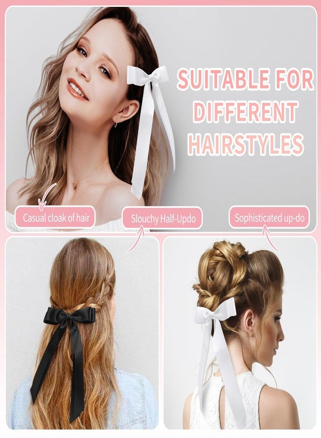 vivinin 4pcs Solid Silky Satin Hair Accessories: Bows with Long Tails, Daily Wear Clips for Women and Girls, White and Black Gifts - Image 4