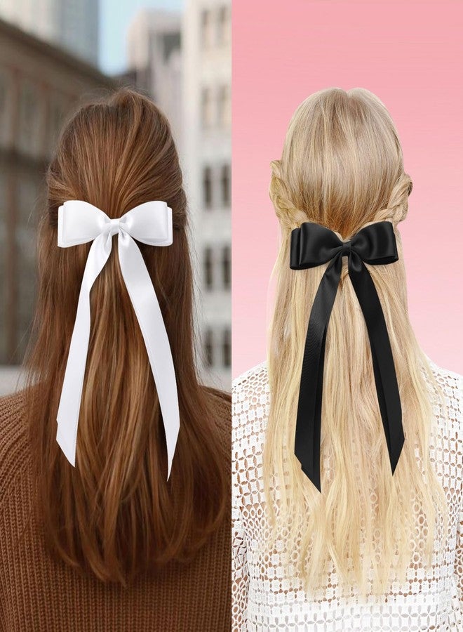 vivinin 4pcs Solid Silky Satin Hair Accessories: Bows with Long Tails, Daily Wear Clips for Women and Girls, White and Black Gifts - Image 5