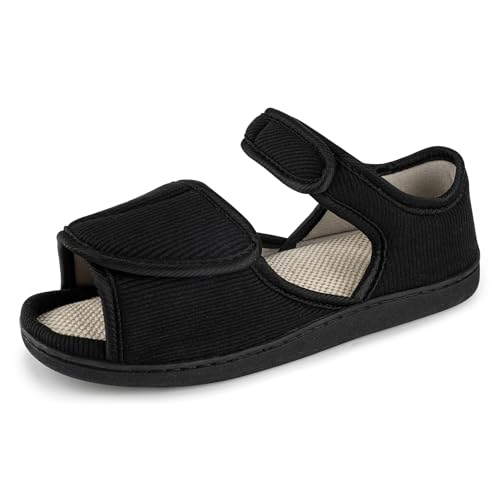 TIESTRA Men's Breathable Diabetic Sandals,Wide Width Adjustable Hook & Loop Open Toe Slippers for Swollen Feet, Edema, Arthritis, Elderly Indoor/Outdoor Black EU43/US10 - Image 1