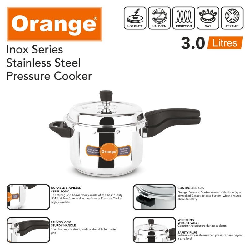 Orange Inox Series Stainless Steel Outer Lid Pressure Cooker With Strong Sturdy Handle 3 litre | Induction & Gas Based | Deep Lid for Spillage Control | 2.5mm Base Thickness | 5Year Warranty | Silver - Image 5