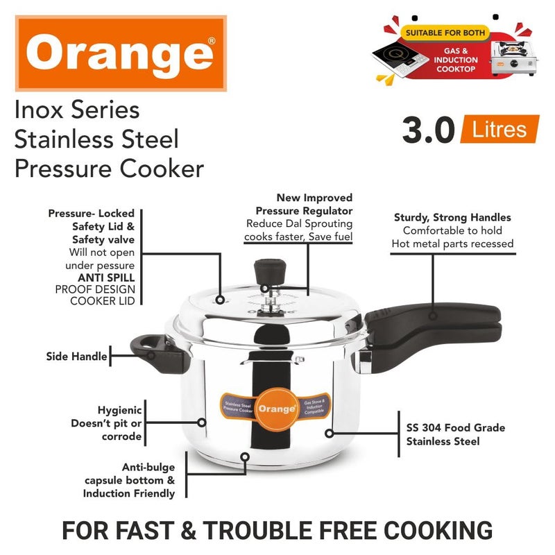 Orange Inox Series Stainless Steel Outer Lid Pressure Cooker With Strong Sturdy Handle 3 litre | Induction & Gas Based | Deep Lid for Spillage Control | 2.5mm Base Thickness | 5Year Warranty | Silver - Image 3