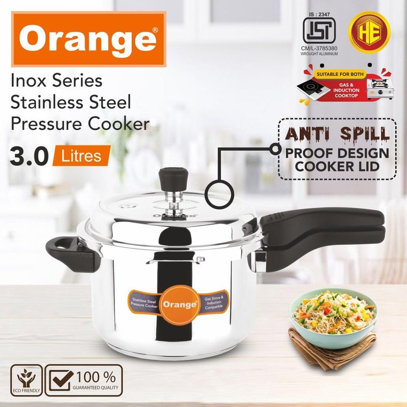 Orange Inox Series Stainless Steel Outer Lid Pressure Cooker With Strong Sturdy Handle 3 litre | Induction & Gas Based | Deep Lid for Spillage Control | 2.5mm Base Thickness | 5Year Warranty | Silver - Image 2
