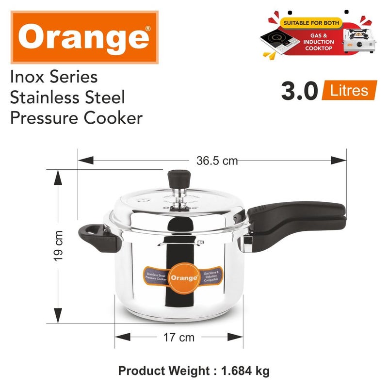 Orange Inox Series Stainless Steel Outer Lid Pressure Cooker With Strong Sturdy Handle 3 litre | Induction & Gas Based | Deep Lid for Spillage Control | 2.5mm Base Thickness | 5Year Warranty | Silver - Image 4