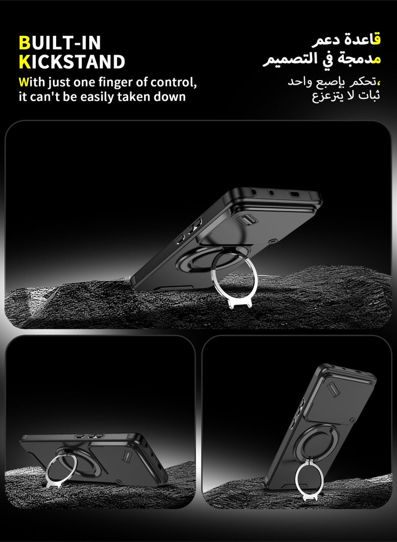 عش زي غلاف إنفينيكس نوت 50 برو+ 5G بغطاء كاميرا منزلق، ملمس ناعم، مغناطيس قوي جداً، حامل حلقة دوارة 360 درجة، حماية ضد الصدمات مع وسائد هوائية بارتفاع خفيف عند الزوايا، أسود، 1 قطعة - Image 5