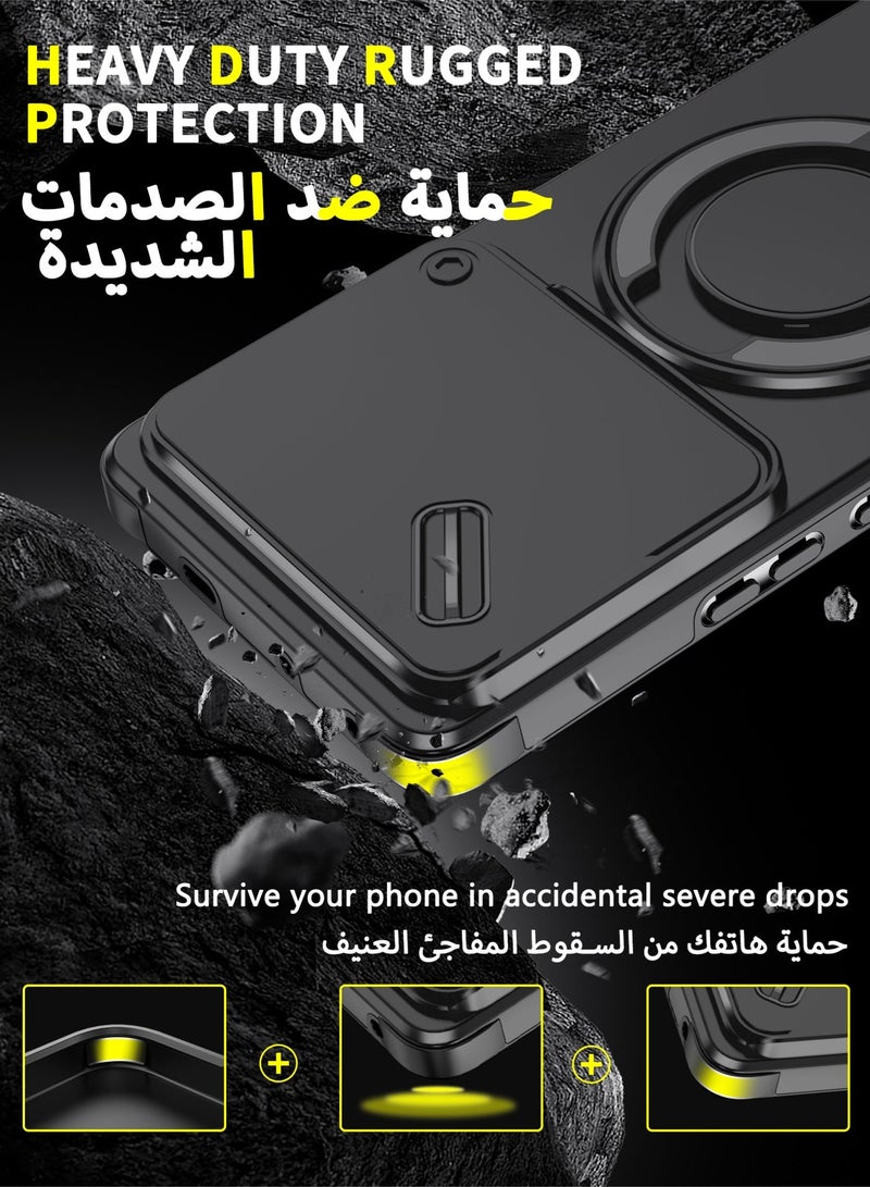 عش زي غلاف إنفينيكس نوت 50 برو+ 5G بغطاء كاميرا منزلق، ملمس ناعم، مغناطيس قوي جداً، حامل حلقة دوارة 360 درجة، حماية ضد الصدمات مع وسائد هوائية بارتفاع خفيف عند الزوايا، أسود، 1 قطعة - Image 3
