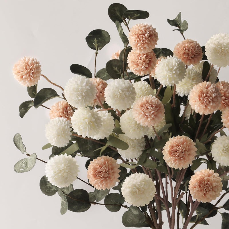 Grandeal 7pcs Beige Ivory Faux Silk Mums + Eucalyptus Artificial Flowers for Vase 20", Bulk Fake Small Chrysanthemum with Stems for DIY Centerpieces Vase Fillers Wedding Floral Arrangements Home Decor - Image 3