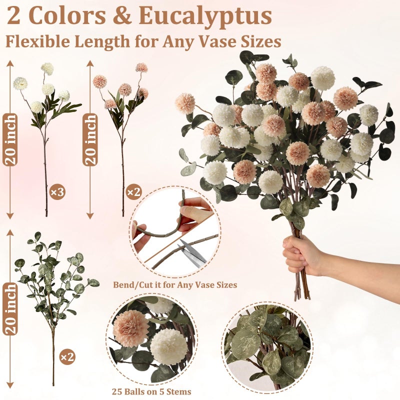 Grandeal 7pcs Beige Ivory Faux Silk Mums + Eucalyptus Artificial Flowers for Vase 20", Bulk Fake Small Chrysanthemum with Stems for DIY Centerpieces Vase Fillers Wedding Floral Arrangements Home Decor - Image 2