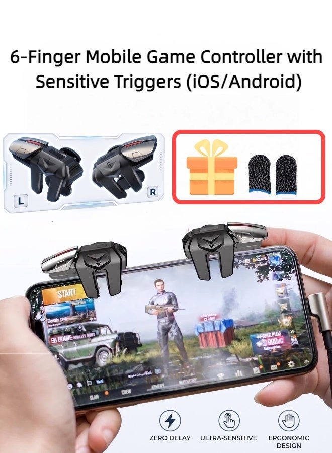 وحدة تحكم للألعاب متوافقة مع هواتف أندرويد وiPhone، تحتوي على 6 أزرار تحكم، متوافقة مع ألعاب PUBG Mobile وKnives Out وCall of Duty Mobile، مشغلات ألعاب للهواتف بحساسية عالية للتصويب والإطلاق. - Image 1