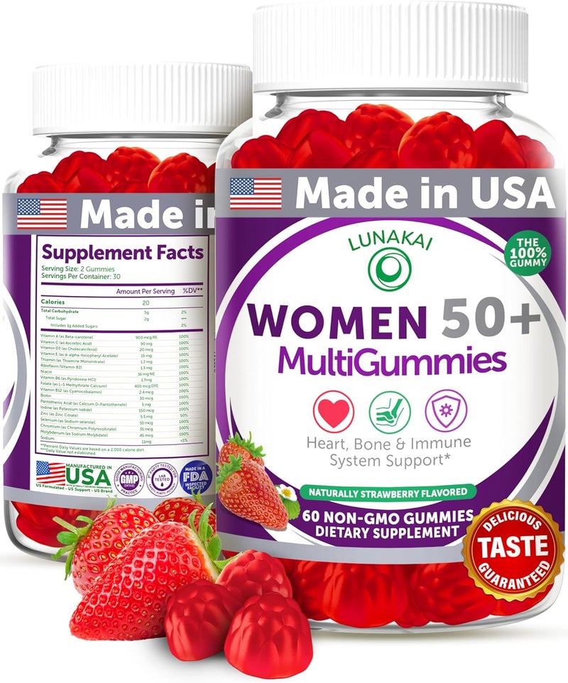 Lunakai USA Made 50 Plus Womens Multivitamin Gummies  Delicious Formula Enhanced with Essential Vitamins  Minerals for Health  Vitality  60ct - Image 1