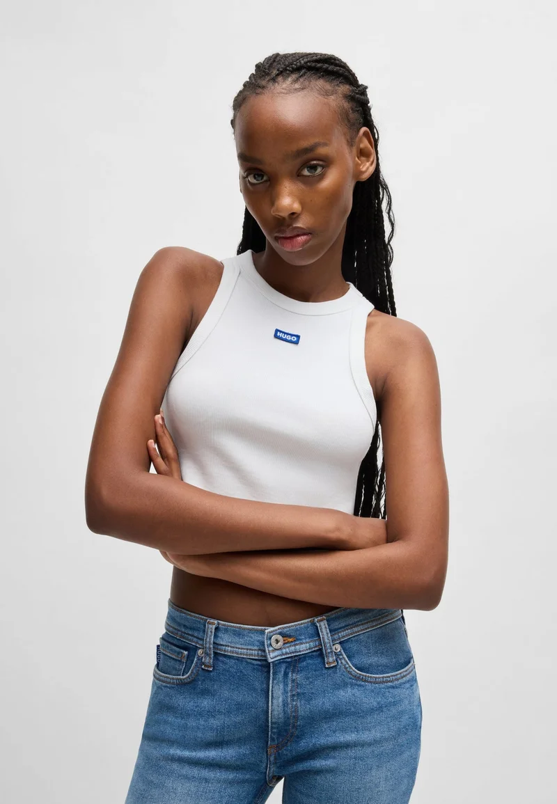 HUGO Cropped stretch-cotton tank top with blue logo label