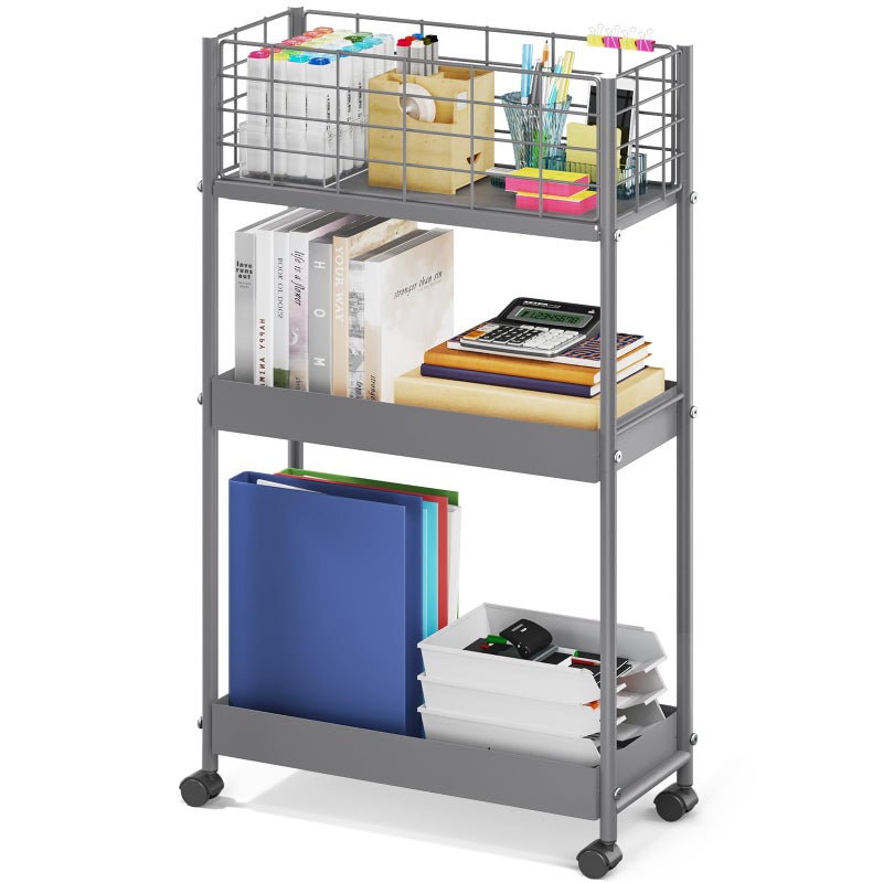 KINGRACK Slim Storage Rolling Cart 3Tier Metal Utility Cart with Wheels Rolling Storage Cart Skinny Storage Rolling Cart Storage Trolley Cart for Office Kitchen Bathroom Narrow Place Grey
