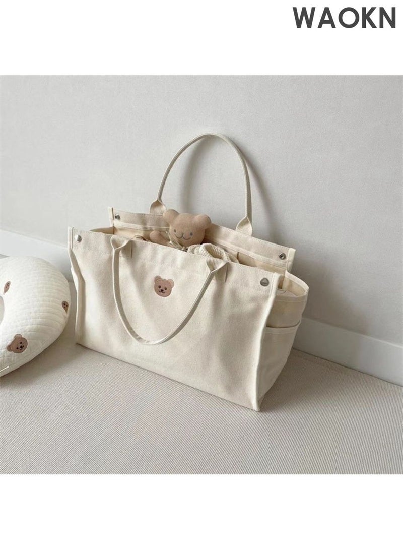WAOKN Cute Bear Canvas Diaper Bags , Large Capacity Baby Bag for Mother and daddy ,Tote Bag Mommy Bag with Multi Pockets for Baby Women and men Travel ,Portable and easy to carry , easy to clear , unisex ,beige . - Image 1