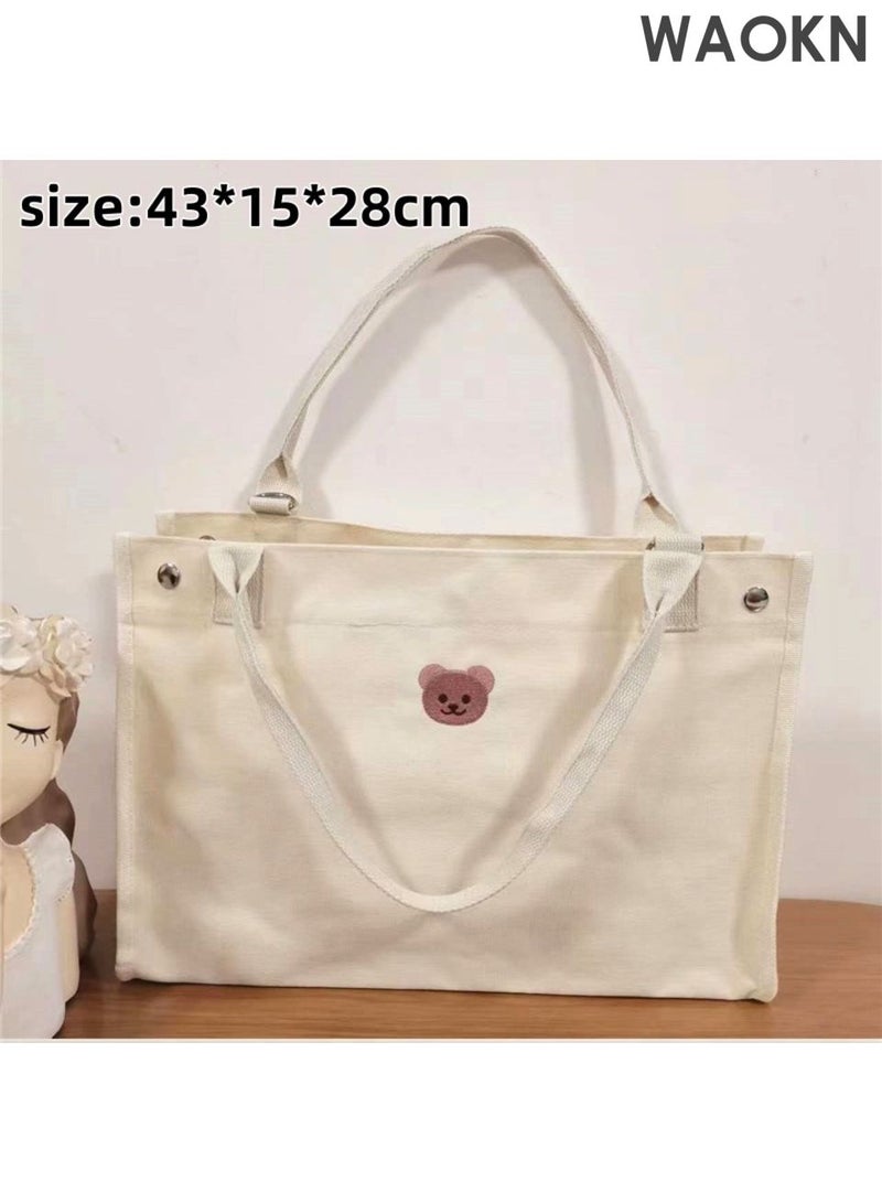 WAOKN Cute Bear Canvas Diaper Bags , Large Capacity Baby Bag for Mother and daddy ,Tote Bag Mommy Bag with Multi Pockets for Baby Women and men Travel ,Portable and easy to carry , easy to clear , unisex ,beige . - Image 2