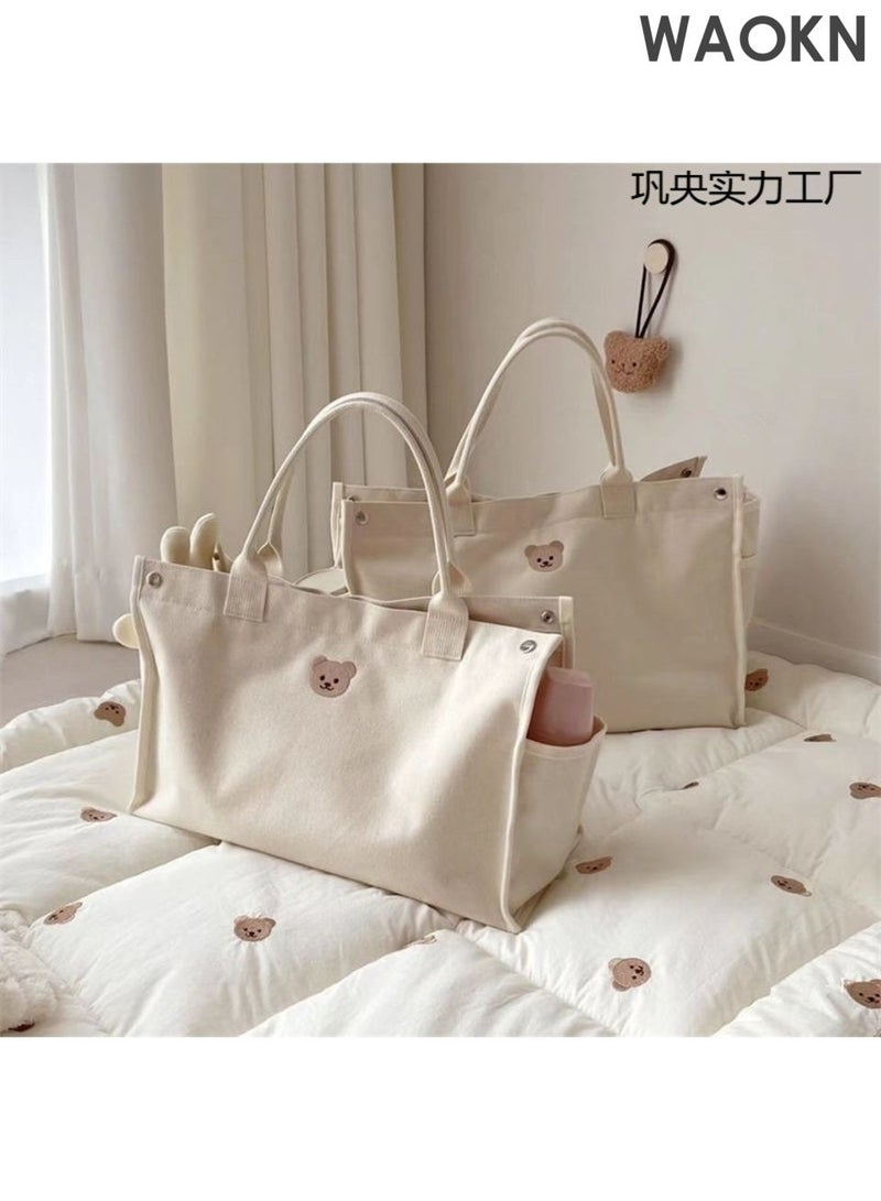 WAOKN Cute Bear Canvas Diaper Bags , Large Capacity Baby Bag for Mother and daddy ,Tote Bag Mommy Bag with Multi Pockets for Baby Women and men Travel ,Portable and easy to carry , easy to clear , unisex ,beige . - Image 5