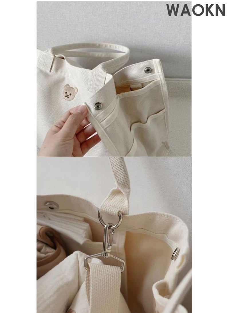 WAOKN Cute Bear Canvas Diaper Bags , Large Capacity Baby Bag for Mother and daddy ,Tote Bag Mommy Bag with Multi Pockets for Baby Women and men Travel ,Portable and easy to carry , easy to clear , unisex ,beige . - Image 3