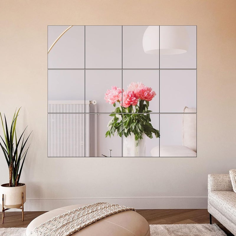 سكاي تاتش ألواح مرايا زجاجية سمكها 30 × 30 سم، طولها كامل الجدار (4 قطع): مرايا مثبتة على الجدار بدون إطار، مناسبة للمكتب المنزلي، غرفة النوم، غرفة المعيشة، الحمام، الباب، وصالة الألعاب الرياضية. - Image 3