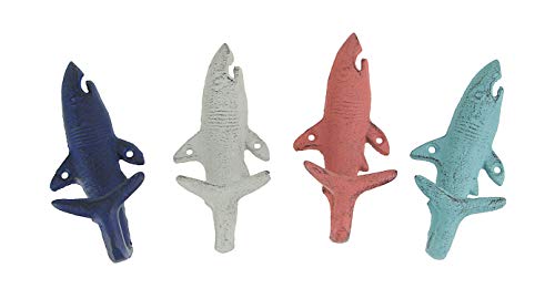 Zeckos Set of 4 Cast Iron Coastal Color Shark Tail Wall Hooks - Decorative Nautical Accents for Beach-Themed Interiors - Towel or Coat Hanging Decor - 5.25 Inches High - Image 1