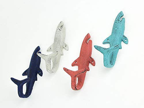 Zeckos Set of 4 Cast Iron Coastal Color Shark Tail Wall Hooks - Decorative Nautical Accents for Beach-Themed Interiors - Towel or Coat Hanging Decor - 5.25 Inches High - Image 2