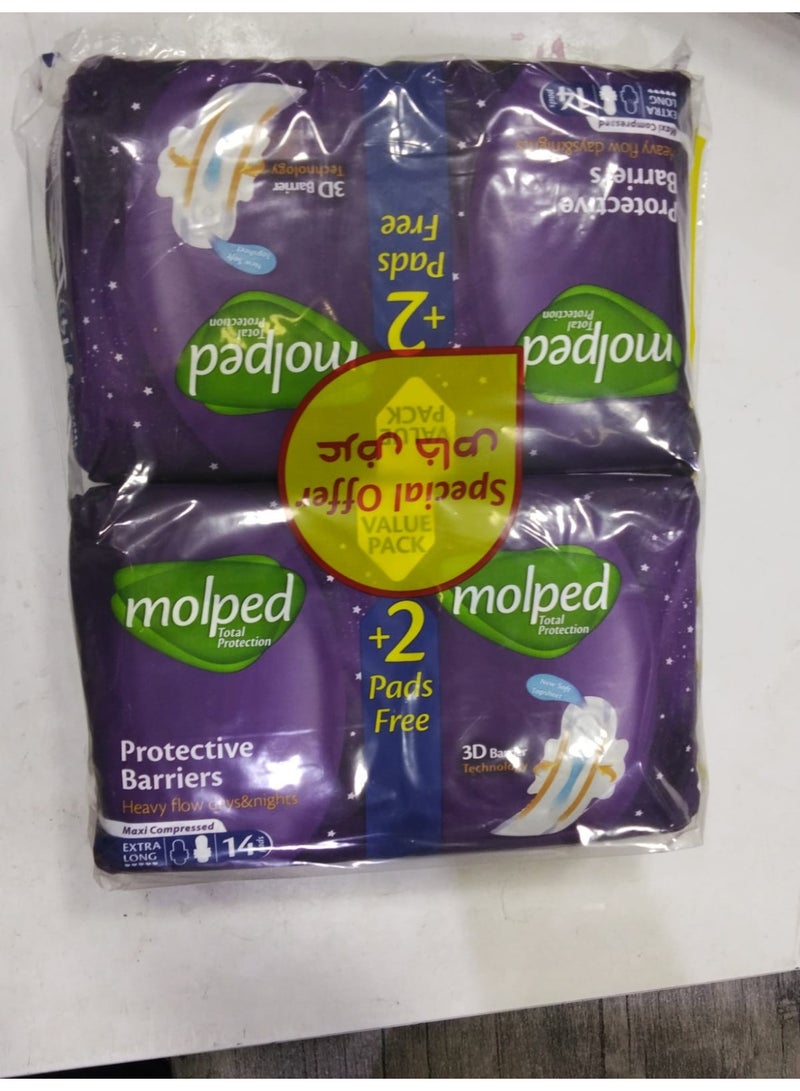 Molped TOPSHEET EXTRA Long Sanitary Pads with Protective Barriers, 14 Count x2 Packs