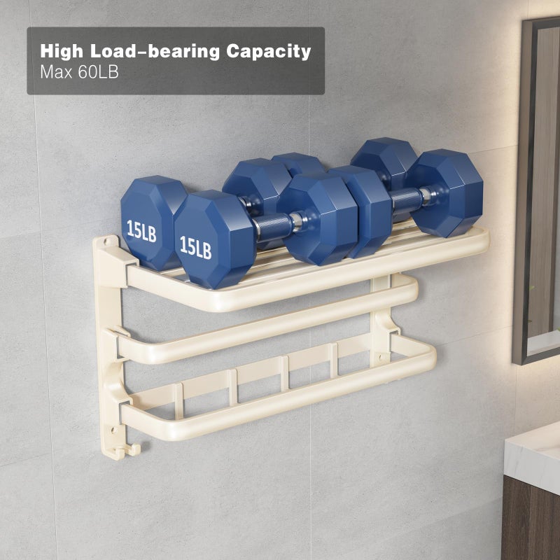 VOLDRA Towel Racks for Bathroom, 24-Inch Towel Shelf with 2 Towel Bar Foldable Towel Holder with 7 Hooks Towel Storage Organizer for Bathroom & Lavatory Wall Mounted(Milky White) - Image 5