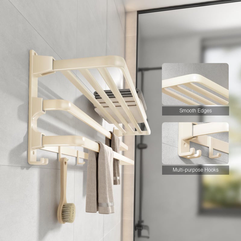 VOLDRA Towel Racks for Bathroom, 24-Inch Towel Shelf with 2 Towel Bar Foldable Towel Holder with 7 Hooks Towel Storage Organizer for Bathroom & Lavatory Wall Mounted(Milky White) - Image 3